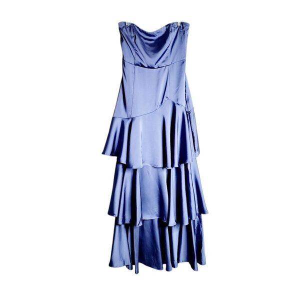 Lulus Satin Maxi Dress XL slate Blue Strapless Tiered Event Party HOCO - Picture 1 of 6